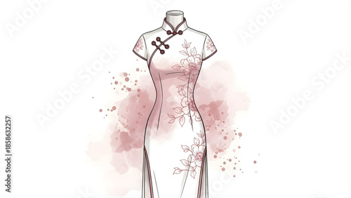 Elegant Pink Cheongsam Dress with Floral Embroidery and Watercolor Accents