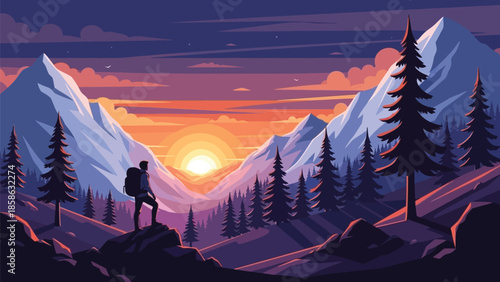 Mountain Sunset Adventure: Hiker Overlooking Vibrant Alpine Landscape