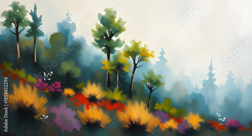 surreal landscape oil painting, fantasy abstract scenery, bold contemporary artwork, dark horizon field, textured palette knife painting, oil strokes abstract, foggy landscape paint, muted color paint