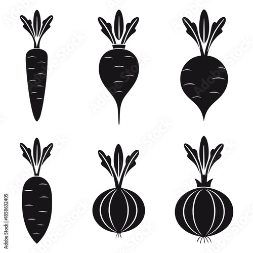 Silhouette collection of root vegetables, organic carrot beet and onion solid icons, garden produce vector illustrations isolated on white
