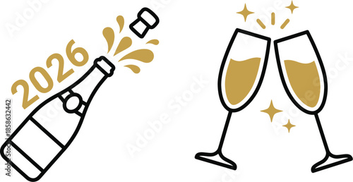 New Year 2026 Champagne Bottle Glass Clinking Toast Celebration Gold Black Vector Icons Set