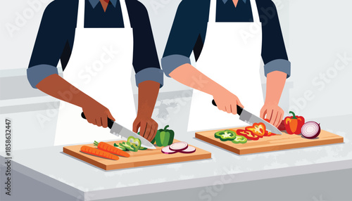 Two individuals in aprons chopping vegetables on wooden boards
