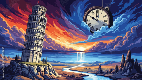 Surreal Landscape with Leaning Tower, Floating Clock, and Vibrant Sunset
