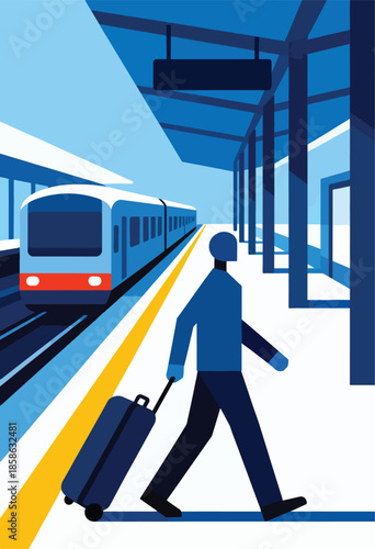 Stylized figure with suitcase walks on a blue platform towards a train