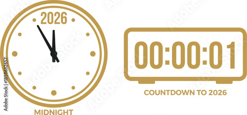 Vector art displays a clock and digital counter with the text "2026" and "Countdown to 2026", likely intended to celebrate a coming year. The clocks read 11:55 and 00:00:01 respectively