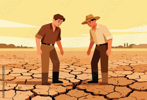 Two men stand dejected on parched, cracked earth under a hazy sky