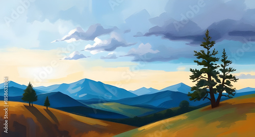 realistic mountain oil painting, realism nature canvas, lifelike peak scenery, precision detail mountains, photographic oil rendering, super realistic sky scene, fine detail brushwork, crisp horizon m