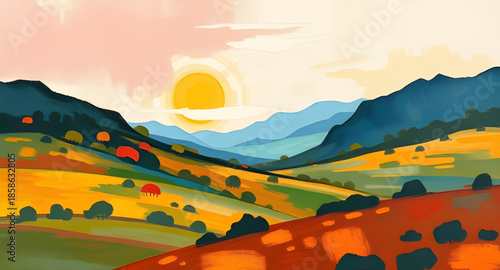 impressionist mountain landscape, oil impression mountains, loose brush strokes nature art, painterly texture scenery, dreamlike mountain atmosphere, flowing paint mountain scene, bold strokes valley 