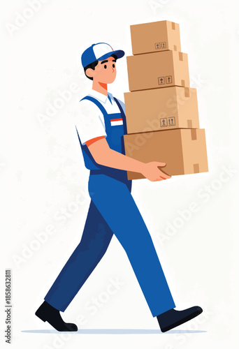 A delivery person in blue overalls and cap carries a stack of parcels