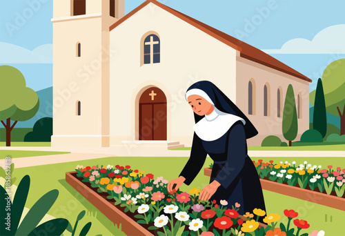 Nun tending colorful flowers in a garden by a church
