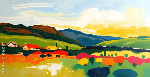 impressionist mountain landscape, oil impression mountains, loose brush strokes nature art, painterly texture scenery, dreamlike mountain atmosphere, flowing paint mountain scene, bold strokes valley 