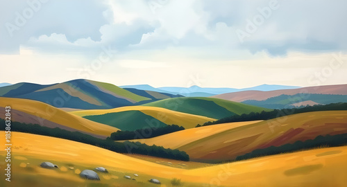 mountain scenery oil painting, panoramic mountain canvas, blue sky and peaks painting, artisan brushwork landscape, modern rustic mountains art, reflective lake mountains oil, cabin in mountains paint