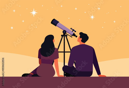 Couple gazes through telescope at starry sky, enjoying a romantic night