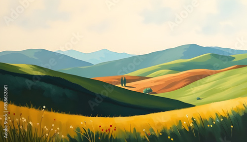 landscape with mountains oil painting, mountain landscape artwork, oil paint nature scene, scenic alpine canvas, textured brush strokes art, valley and mountains painting, realistic mountain oil canva