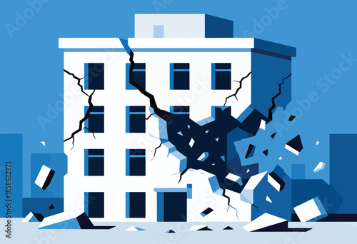 Abstract depiction of a building collapsing, with fractured walls and debris