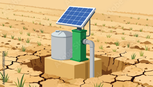 Solar-powered water pump operates in a parched, cracked earth landscape