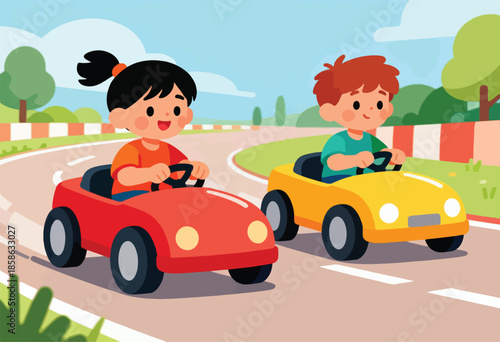 Two children joyfully race small cars on a sunny day with clouds and trees