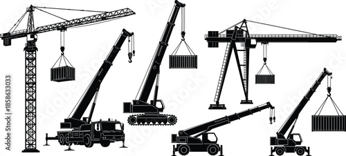 Construction Crane Silhouette Collection Featuring Tower and Mobile Cranes Lifting Cargo, Black Vector Illustration for Industry, Engineering, and Building Concepts