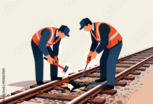 Two workers in orange vests repair railway tracks using tools