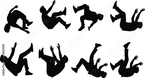 Falling Man Silhouette Collection Showing Dynamic Human Motion and Freefall Poses, Black Vector Illustration for Action, Gravity, and Concept Design