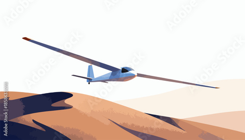 A blue glider soars above barren sand dunes under a pale sky