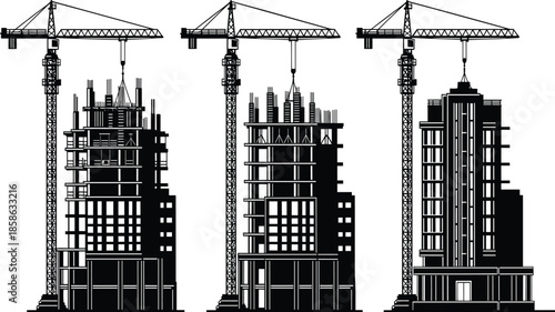 High Rise Building Construction Silhouette with Tower Cranes, Urban Development Process Black Vector Illustration for Architecture, Engineering, and Industry Concepts