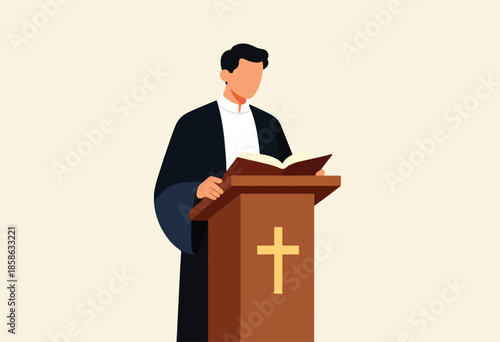 Clergyman in formal robes reads from an open book at a podium with a cross
