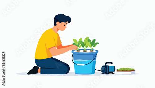 Person tending to plants in a hydroponic bucket with a water pump