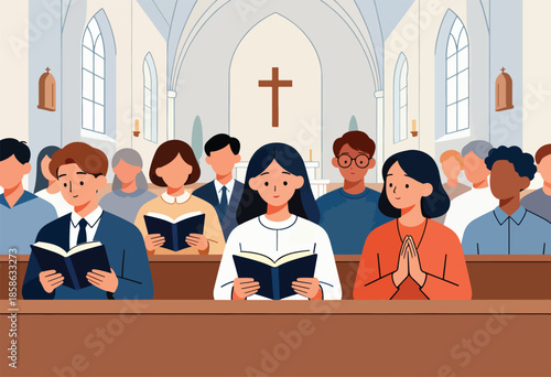 Diverse congregation gathered in a church, reading books and praying