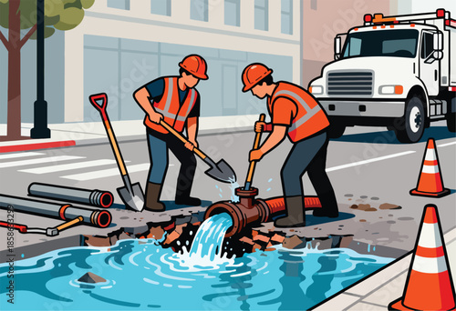 Workers repairing a broken water pipe, with water gushing into a flooded street