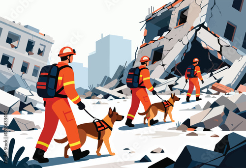 Rescuers and dogs navigate rubble amidst collapsed buildings