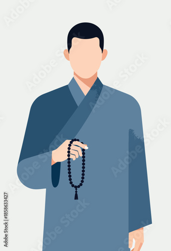 Man in blue robe holds prayer beads, faceless figure