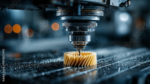 Additive manufacturing tools coordinating 3d printing process with precision machinery and blurred industrial background