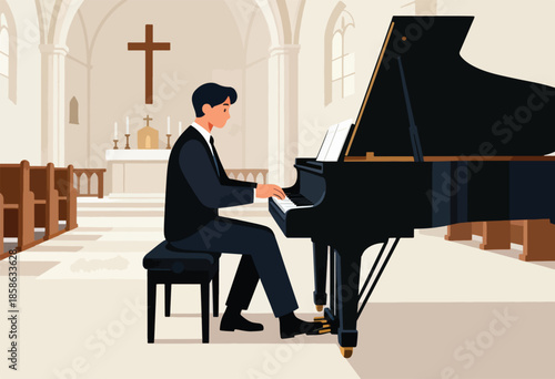 A man plays piano in a church setting with pews and a cross