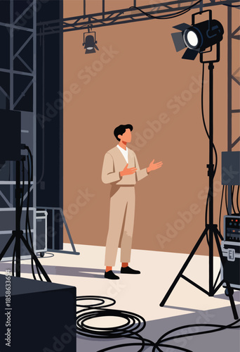 Man on stage gesturing amid lights, speakers, and cables