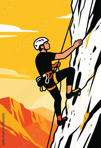 A lone climber ascends a sheer rock face under a vibrant orange sky