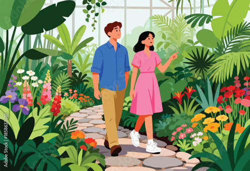 Couple strolling through a vibrant, lush botanical garden