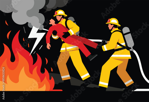 Firefighters rescuing a person from a blazing inferno with smoke and lightning
