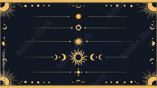 Golden Celestial Divider Line Set on Dark Blue Vector Background