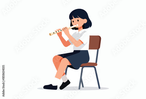 A person plays a recorder while sitting on a chair