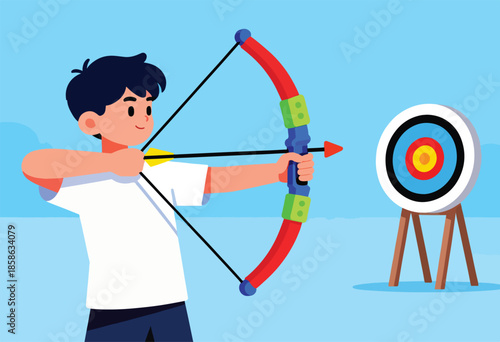 Young person aiming a colorful bow and arrow at a target