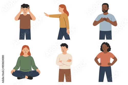 Diverse emotions and poses highlighting human expressions and body language in a flat style