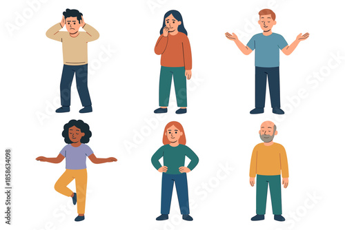 Diverse characters expressing different emotions in casual outfits