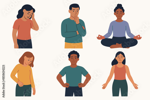 Diverse characters expressing emotions and practicing mindfulness in flat design