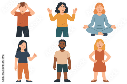 Diverse characters expressing emotions and relaxation in flat design