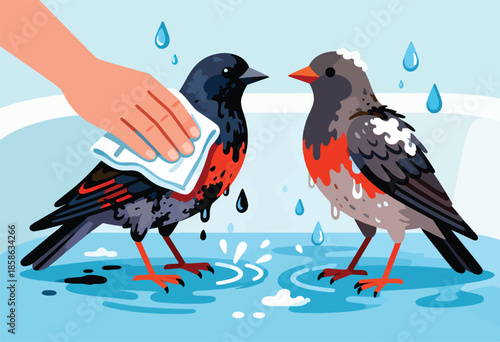 Hand gently wipes a wet bird while another bird stands nearby in a pool