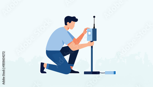 Man adjusting device with antenna on a pole, connected to a base