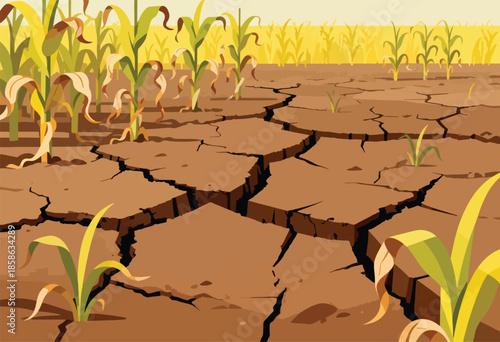 Drought-stricken cornfield with cracked, dry earth and wilting stalks