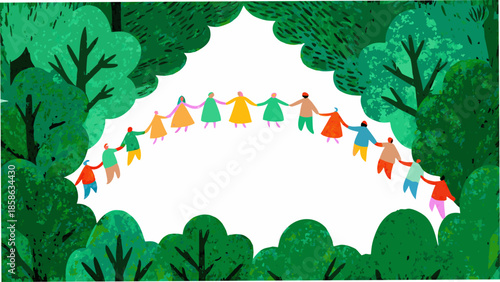 People holding hands in a circle framed by lush green trees