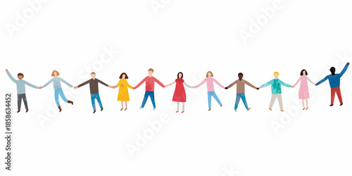 A diverse group of people holding hands in a colorful connected line